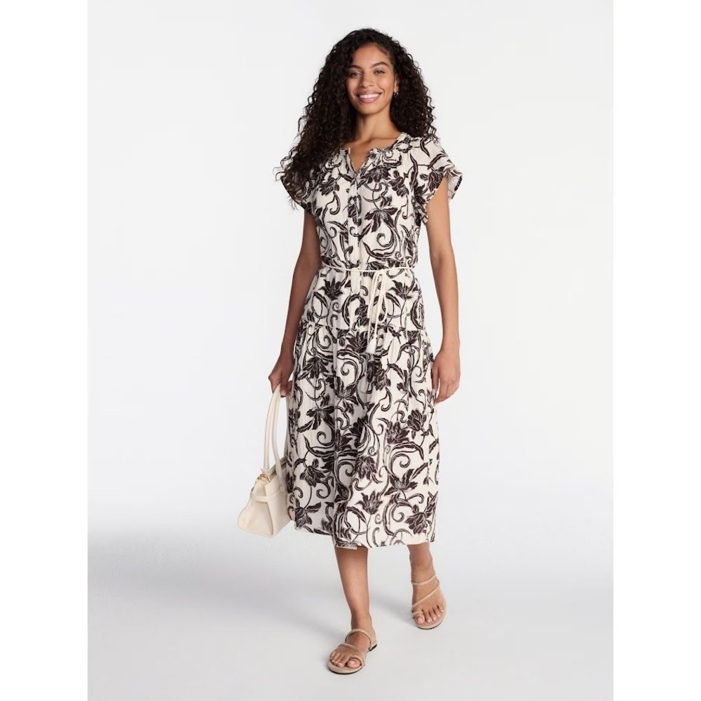 Time and Tru Black Cream Floral Double Cloth Midi Dress Large NWT Pockets